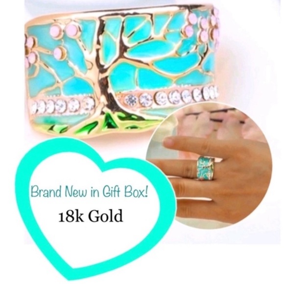 NIB 18k Gold Fire Opal and enamel tree of life Cherry blossom ring - Picture 1 of 16